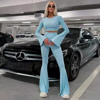 Женская одежда 2025 осень мода обтягивающий трикотажный укороченный топ узкие брюки повседневный спортивный костюм S серый