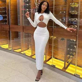 Женская одежда 2025 осень модное и сексуальное платье с вырезом на пупке и запахом на бедрах для женщин S телесный