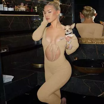 Женская одежда 2025 осень новая мода и сексуальный облегающий комбинезон с длинными рукавами и открытой грудью S серый