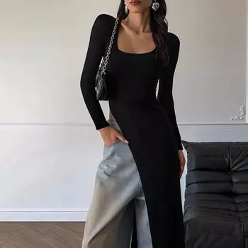 Женская одежда 2025 осень новая мода персонализированное облегающее платье с U-образным вырезом и длинными рукавами с разрезами S чёрный