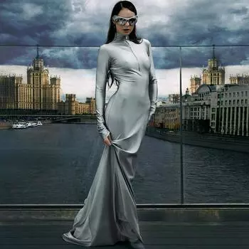 Женская одежда 2025 осень новая мода сексуальное тонкое платье на молнии с длинным рукавом однотонное женское S серый