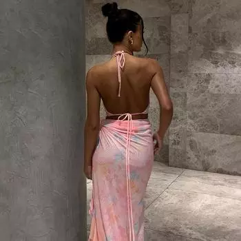 Женская одежда 2025 осень новая мода сексуальное сетчатое кружевное платье-труба на шнуровке женское S розовый