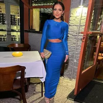 Женская одежда 2025 осень новая мода свободный топ с длинными рукавами облегающий плиссированная юбка комплект S чёрный