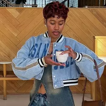 Женская одежда 2025 осень новая мода уличный кардиган пупок короткий свитер с длинными рукавами S синий