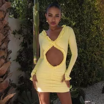 Женская одежда 2025 осень новое однотонное платье с вырезом на пупке и кружевом, облегающее бедра, для женщин S жёлтый