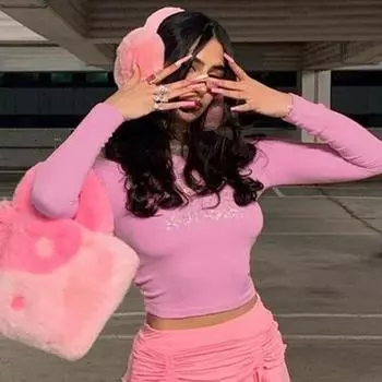 Женская одежда 2025 осень новый продукт мода Spice Girl горячий бриллиант тонкий одно слово пупок длинный рукав топ женщины S розовый