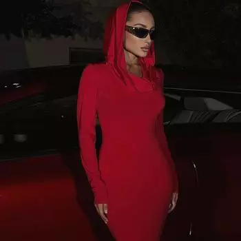 Женская одежда 2025 осень новый продукт модный темперамент однотонный облегающий крой с капюшоном и длинными рукавами платье S красный