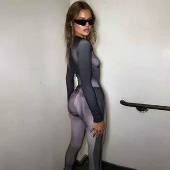 Женская одежда 2025 осень-зима новый модный принт облегающий комбинезон с длинными рукавами XS чёрный