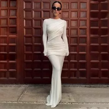 Женская одежда 2025 осень-зима новый продукт мода темперамент тонкий плиссированный сращивание длинный рукав платье женщины S белый