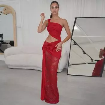 Женская одежда 2025 весна и лето модное и сексуальное платье-труба на одно плечо с ажурной завязкой и кулиской S чёрный