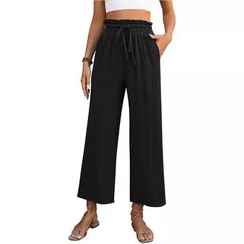 Женская одежда 2025 весна-лето повседневные однотонные свободные брюки из хлопка и льна с высокой талией широкие женские брюки S зелёный