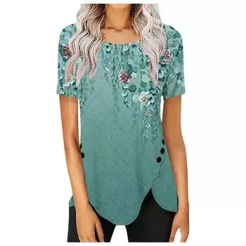 Женская одежда 2025 весна новая мода ретро пуговицы постепенное изменение принт круглый вырез горловины короткий рукав футболка топ S