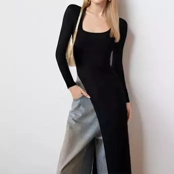 Женская одежда 2025 весна новое платье персонализированная мода U-образный вырез узкое нерегулярное платье платье S чёрный