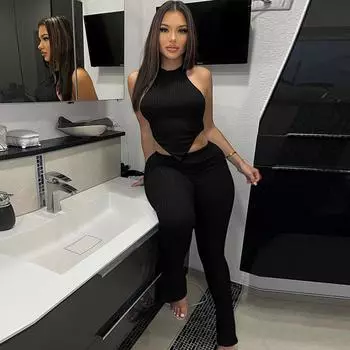 Женская одежда 2025 зимняя новинка сексуальный топ-халтер облегающий однотонный комплект брюк S синий