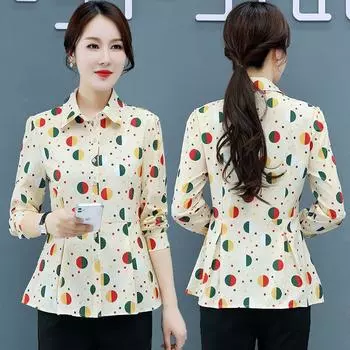 Женская одежда, блузка в горошек с принтом, корейская однобортная рубашка с длинным рукавом и воротником-поло, модная рубашка M белый