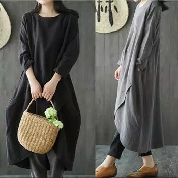 Женская одежда больших размеров 2025 года, новая весна и лето, этнический стиль, заимствованные вращающиеся рукава, хлопковое и льняное свободное и тонкое платье M серый