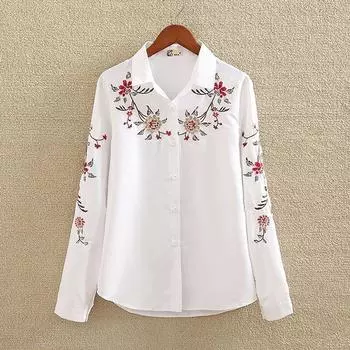 Женская одежда больших размеров, белая рубашка с длинным рукавом, винтажная блузка с цветочной вышивкой, женские рубашки на пуговицах, повседневные топы S