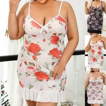 Женская одежда больших размеров без рукавов с цветочным принтом, сексуальная одежда для сна, женская сетчатая кружевная прозрачная нижняя одежда Babydoll 1XL чёрный