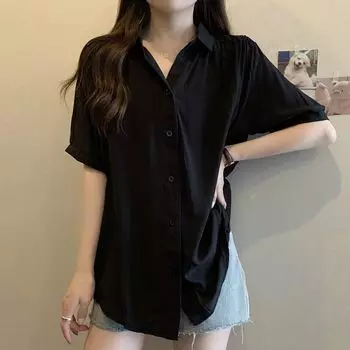 Женская одежда больших размеров Design Sense Niche POLO Collar шифоновая рубашка женская свободная посадка утягивающий топ с короткими рукавами M чёрный
