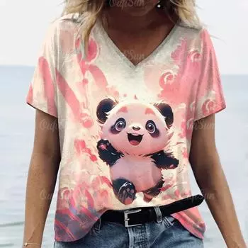 Женская одежда больших размеров, футболка с милой пандой, женская одежда, повседневные футболки с v-образным вырезом и короткими рукавами, пуловер, трендовая летняя уличная одежда S