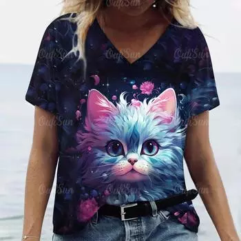 Женская одежда больших размеров, футболки с короткими рукавами и v-образным вырезом, пуловеры с животными, повседневные топы с принтом животных, тренд женской одежды 2024 S