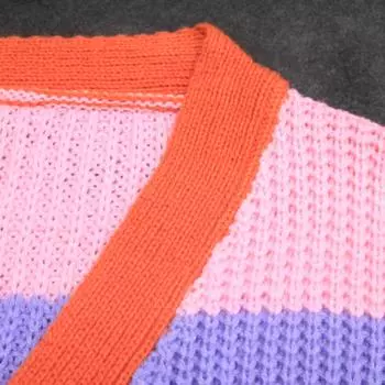 Женская одежда больших размеров, контрастные цвета, полосатый, сращивающийся, на трех пуговицах, повседневный свободный кардиган, свитер One Size оранжевый