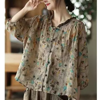 Женская одежда больших размеров, летняя рубашка в этническом стиле для мам, утягивающий топ, закрывающий живот, футболка с короткими рукавами, маленькая рубашка для женщин Large size M
