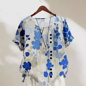 Женская одежда больших размеров Мода Ретро Артистичный Летний Новый круглый вырез Принт Повседневный Свободный Хлопок и Лен Футболка с коротким рукавом Топ Light blue flowers XL Plus size
