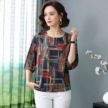 Женская одежда больших размеров на весну и лето, ретро-футболка с рукавами-пятью, женская рубашка-топ из искусственного шелка со средними рукавами XXXXL красный