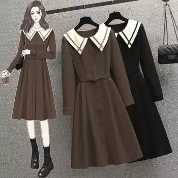 Женская одежда больших размеров, начало осени, новинка, пышная сестра, французский темперамент, прикрывающий живот, и тонкий кукольный воротник, платье с длинными рукавами L [Recommended 100-57.5 kg] College style jumpsuit чёрный