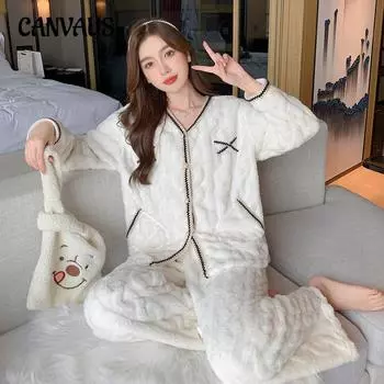 Женская одежда больших размеров, новая осенне-зимняя кашемировая толстая с длинным рукавом, длинная теплая домашняя одежда, пижамный комплект M белый