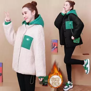 Женская одежда больших размеров, одежда из овечьей шерсти и хлопка, осенне-зимняя новая свободная теплая одежда из зернистого бархата с хлопковой подкладкой Large size L абрикосовый