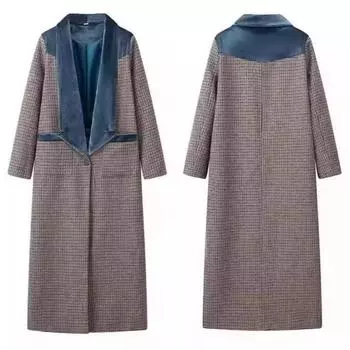 Женская одежда больших размеров, осенне-зимнее шерстяное пальто, длинное пальто с синей бархатной строчкой на плечах и воротнике S синий