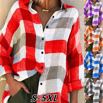 Женская одежда больших размеров, осенне-зимняя новая модная женская повседневная рубашка с длинными рукавами и принтом, Свободная клетчатая рубашка L синий