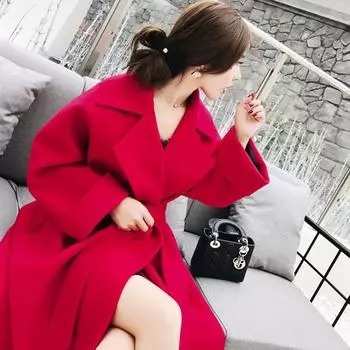 Женская одежда больших размеров, полные мм, шерстяное пальто средней длины и длины, корейская версия, шерстяное пальто, талия и тонкая, осенняя и зимняя одежда, свадебное красное S 90-50 kg чёрный