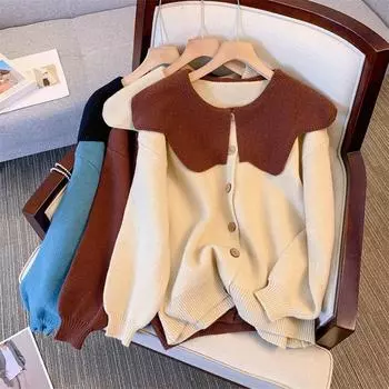 Женская одежда больших размеров, полные мм, весенняя новая мода, круглый вырез, сращивание, контрастный цвет, тонкий свитер, кардиган, вязаный свитер L (100-57.5 kg) абрикосовый