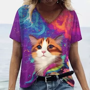 Женская одежда больших размеров, повседневная футболка с изображением животных, футболки с v-образным вырезом и короткими рукавами, пуловер, милая женская одежда, тенденция лета 2024 г. XL