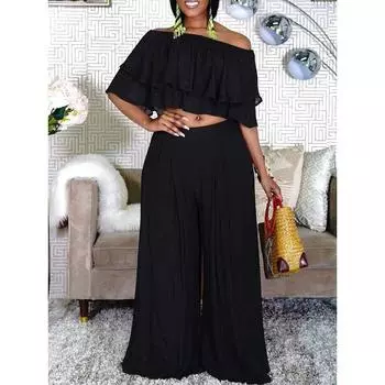 Женская одежда больших размеров, сексуальный укороченный топ с открытыми плечами, повседневные элегантные широкие брюки, модная одежда для вечеринок 5XL чёрный