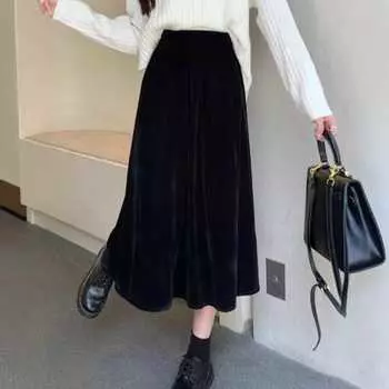 Женская одежда больших размеров, юбка из черного и золотого бархата с высокой талией, осень-зима 2024, новая юбка-солнце с драпировкой и складками M темно-коричневого