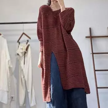 Женская одежда больших размеров, весна и осень, повседневный свитер с разрезом, женский дизайн, нишевый вязаный свитер, топ с длинными рукавами для женщин One size [100-100kg] красный