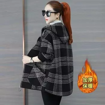 Женская одежда большого размера, флисовое утолщенное клетчатое шерстяное пальто, женское зимнее новое свободное корейское шерстяное пальто, замедляющее старение, прилив S