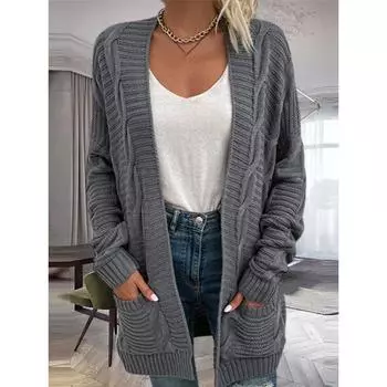 Женская одежда большого размера, осень/зима 2024, новый кардиган из жареного теста, вязаный кардиган средней длины из витой веревки S хаки