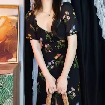 Женская одежда большого размера с принтом U-образным вырезом, шифоновое платье, летнее длинное платье для женщин 2XL чёрный