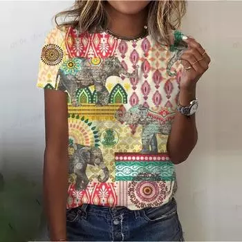 Женская одежда большого размера, женская одежда в стиле бохо, футболки, сексуальные футболки для девочек, топы, футболка со слоном и животными, акварельная футболка с 3D принтом S
