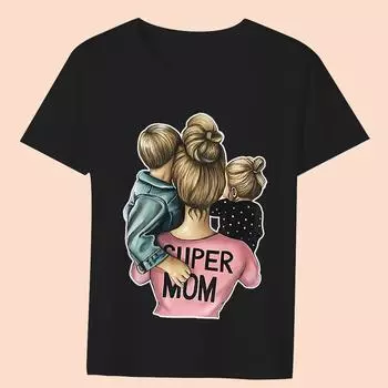Женская одежда Черная футболка Повседневный топ для мамы и всей семьи с принтом серии с круглым вырезом женский тонкий мягкий женский топ с короткими рукавами L
