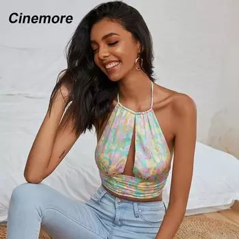 Женская одежда Cinemore, лето 2022, новинка, укороченный топ с воротником-халтер и рюшами и цветочным принтом, женская одежда, топы на бретельках MM1375-JM