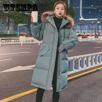 Женская одежда цвета хаки, пуховая одежда, теплое прямое пальто с большим меховым воротником и капюшоном, простота, мешковатые длинные пуховики, верхняя одежда, зимняя одежда XXL