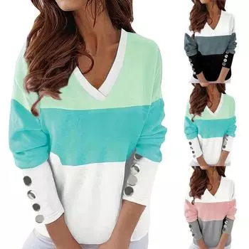 Женская одежда, цветная лоскутная футболка с длинным рукавом, пряжкой-гвоздиком, V-образным вырезом, осенне-зимняя футболка большого размера для повседневной носки XXL чёрный