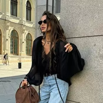 Женская одежда Design Sense Loose V Neck шнуровка рубашка осень зима новая женская сексуальная шифоновая однотонная рубашка темперамент S чёрный