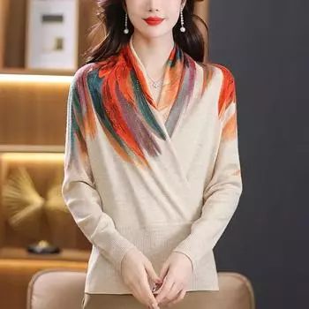 Женская одежда Длинный рукав свитер Трикотаж V-образный вырез Принт свитер Топы Осень Корейская мода Женские свитера XXL абрикосовый